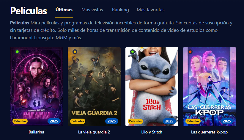 Captura de pantalla de la interfaz de usuario de Pelisplus  mostrando una amplia variedad de películas y series